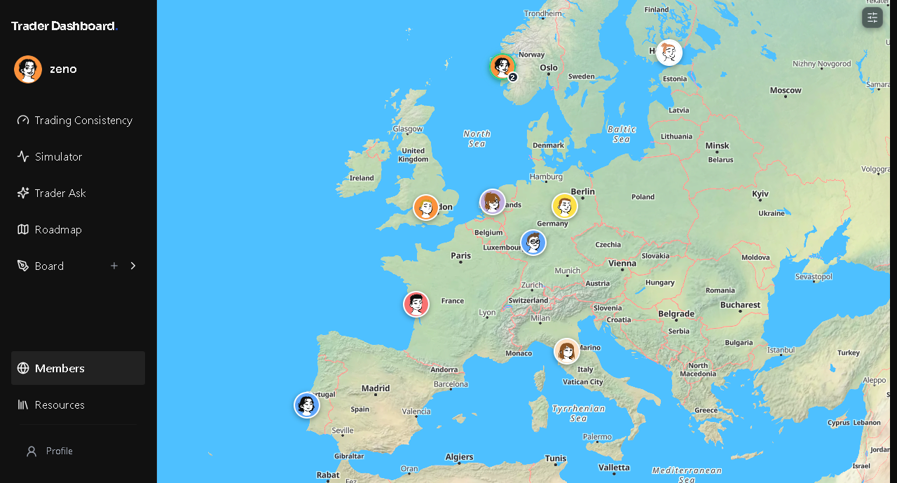 Traders from around the world pinned on the community globe
