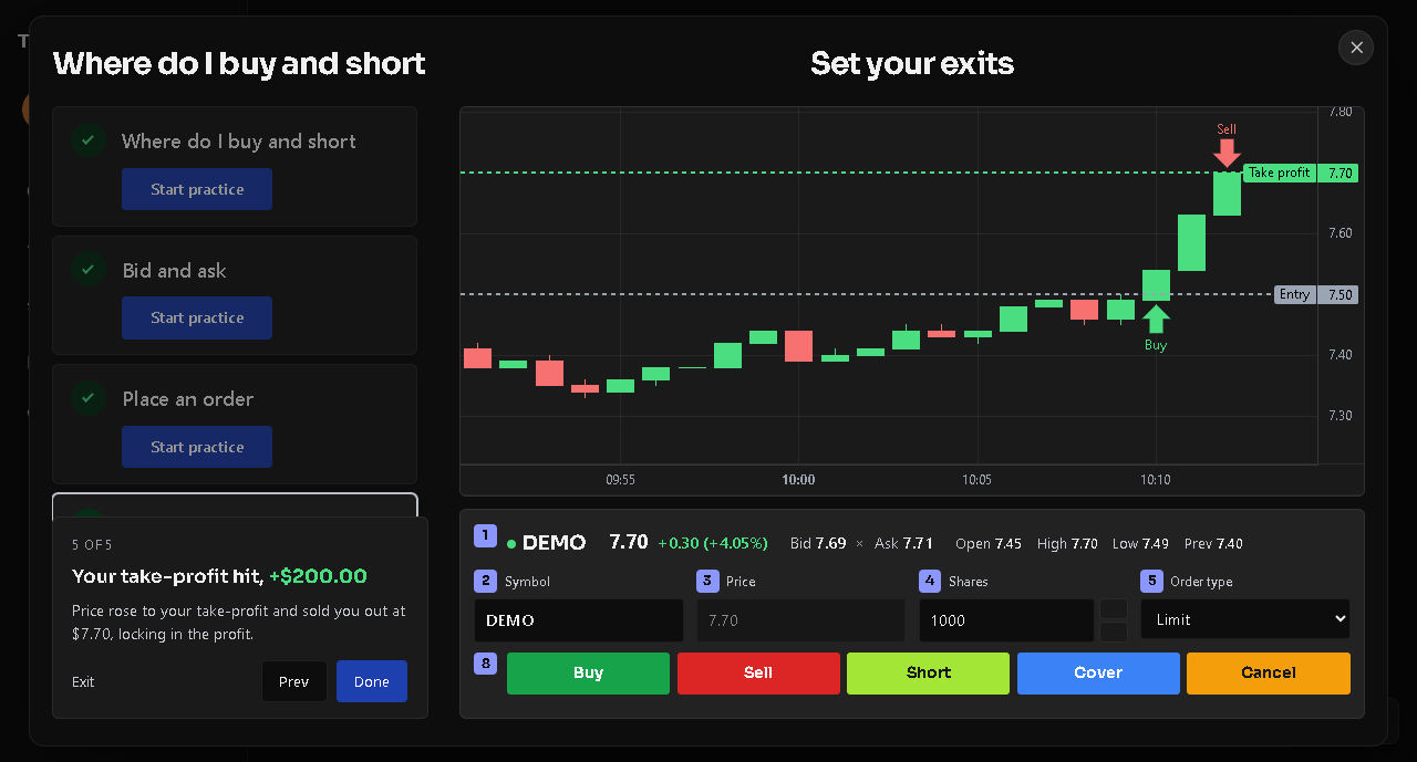 Interactive trade practice walkthrough showing buy, take-profit, and exit on a live chart